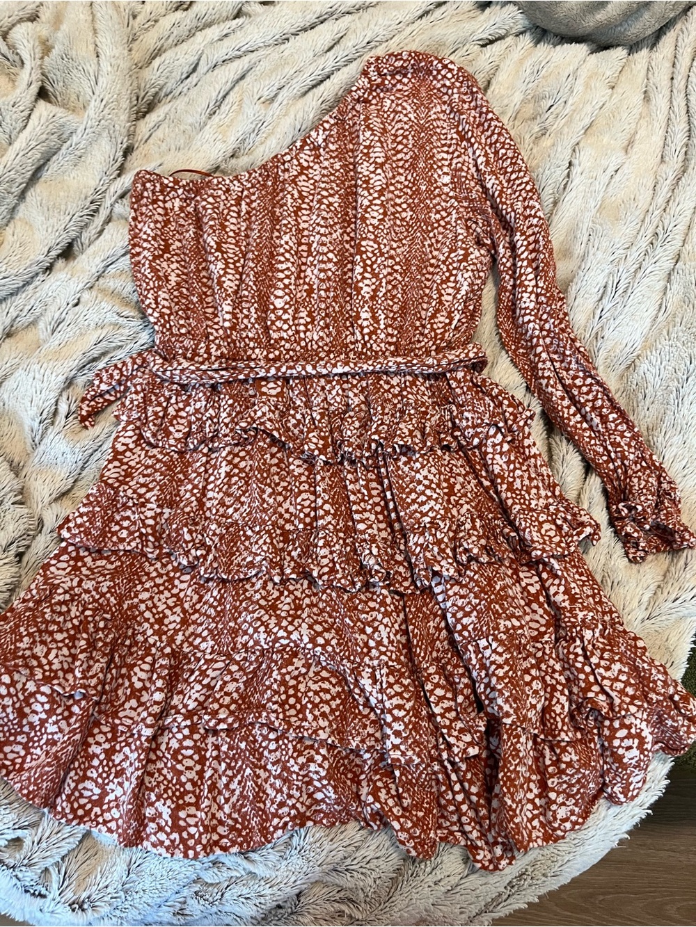 Rust and White One-Shoulder Ruffled Mini Dress - Picture 2 of 3